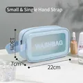 Light blue PU leather washbag with WASHBAG print and wide handle in size 22x7x13cm - Single Layer Small / Blue