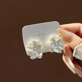 Close-up of white flower earrings with pearlescent petals on a jewelry card - Pearlescent 3D Flower Style (E3224-2/Silver Needle)