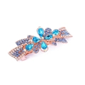 Detail of rose gold alloy hair clip with blue and clear rhinestones in flower bow design - Style E / Blue