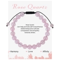 Detail of rose quartz beaded bracelet with adjustable black cord on a gift message card - Rose Quartz Bracelet