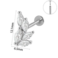 Leaf design stainless steel labret stud with marquise zircon and internal thread detail - 1X8mm (Push-in) / Leaf Design Style (#2)