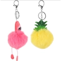 Pink flamingo and yellow pineapple plush pompom keychains with silver metal rings - Watermelon Red - Silver Hardware