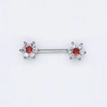 Silver flower nipple ring with center red zircon and white petal crystals - No.1 Red (Platinum Color)
