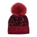 Winter wine red sequined beanie with a fluffy faux fur pompom and plush lining - One Size / Burgundy