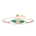 Golden adjustable bracelet with zircon evil eye and colorful crystal accents - Gold with Green Eyes