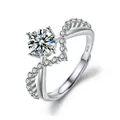 S925 sterling silver heart-shaped ring with six-prong moissanite and wavy zircon band - Crowning Love 1ct / Adjustable Open