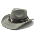 Detailaufnahme grauer Cowboyhut aus Wildleder mit Lederband und silbernem Stier-Emblem - M (56-58cm) / Armeegrün Wildlederoptik
