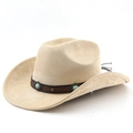 Detail van zandkleurige cowboyhoed met turquoise stijl studs en bruine decoratieve band - M (56-58cm) / Licht Kameel
