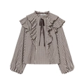 Women's plaid ruffle long sleeve blouse with tiered front details on white background - XS / Brown and White Plaid
