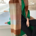 Écharpe à carreaux à la mode avec pompons marrons, beige et roses en peluche douce - 22# Marron Beige Rose Bleu à Carreaux