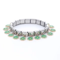Detailed close-up of 9mm stainless steel modular links with daisy charms and green enamel - 0060-colored Ten-petal Flower-green Section 1