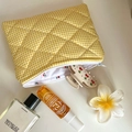 Quilted yellow checkered cosmetic bag with soft padding and cherry print lining - Lipstick Pouch / Yellow Plaid