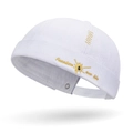 White cotton docker cap with yellow freedom embroidery in a 45-degree side view - Adjustable / White