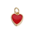 Detailed macro view of a red heart pendant with a gold metal frame and open jump ring - Red Enamel Gold Heart Pendant