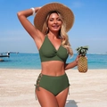 Olive green two-piece bikini with twist V-neck top and high waisted lace-up bottoms - Army Green