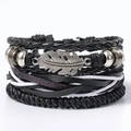 Detail of multi-layer leather bracelet featuring a silver feather charm and woven cords - L5-Black White Feather Metal Beads Set