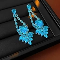 Detail of silver drop earrings featuring heart-shaped blue zircon and marquise stones - Silver Needle Long Drop Earrings / Blue