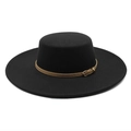 Detail of black wool flat top boater hat with a slim brown leather band and gold buckle - M(56-58cm) / Black