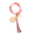 Pink and gold checkerboard silicone bead keychain bracelet with wood tag and tassel - Pink