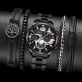 Men's black steel Geneva watch set with four coordinated minimalist fashion bracelets - 5-Piece Set (1 Watch + 4 Bracelets) / Black Silver + Life Tree Set