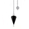 Black obsidian hexagonal cone pendulum necklace with silver filigree metal bead detail - Black Agate + Hollow Chain
