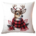 Housse de coussin cerf de Noël avec écharpe à carreaux rouges sur tissu blanc - 45*45cm Peluche Courte Simple Face Sans Coeur / CRD16-2 (Cerf avec Écharpe)