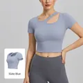 Eng anliegendes, staubblaues Yoga-Crop-Top mit asymmetrischem Ausschnitt für Damen - S / Graublau