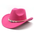 Close-up of fuchsia wool cowboy hat with woven band and blue evil eye bead detail - M(56-59CM) / Rose Red