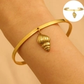 Polished golden stainless steel open cuff bracelet with seashell pendant for women - Conch Pendant Open (5585)