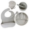 6-piece grey silicone baby feeding set with suction plate, bowl, bib, and cutlery - 6-Piece All-Silicone Set / Gray