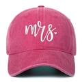 Detailed embroidery of Mrs script with heart on washed magenta cotton baseball cap - Rose Red Mrs.