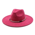 Close-up of a rose pink suede fedora hat with a woven black and white decorative band - M (56-59cm) / Suede / Rose Red