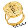 Detailed dimension view of gold sunburst signet ring with size markers and measurements - Square Sun Pattern