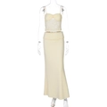 Close-up of pale yellow lace tube top and matching slim maxi skirt set for women - S / Light Yellow