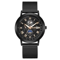 Orologio uomo nero in maglia con fase lunare, data e lancette in oro rosa raffinate - Quadrante Nero Lancette Oro Rosa Cassa Nera Cinturino Nero