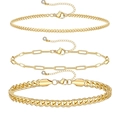 Three-piece layered golden anklet set featuring Cuban link and paperclip chain styles - Gold Set - Cuban/Paperclip/Bead Chain