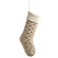 Large beige knit Christmas stocking with fish scale pattern and white ribbed cuff - Linen(Body)/Ivory(Cuff)