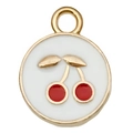 Golden enamel cherry pendant with red fruit detail for DIY jewelry and necklaces - Round Cherry 17x13mm