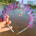 Detail of colorful raw crystal crown with sun pendant and drop stone on silver headband - Pink Blue Mixed/Sun/AB Colorful Pendant