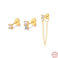 S925 sterling silver gold plated earring set with blue stones and tassel chain - Gold - Set of 3 White Zircon
