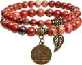 Red jasper beads bracelet set with bronze tree of life and leaf charms in boho style - Orange Red