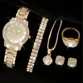 Luxury 5-piece gold watch and jewelry set with sparkling rhinestones for women - Geometric Square Diamond 5-Piece Set / Gold