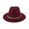 Close-up of the ethnic style colorful bead band on the burgundy wool fedora hat - 58cm / Burgundy