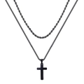 Detail of a double-layered black stainless steel chain with a cross pendant necklace - Double Layer / Gunmetal