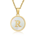 Gold plated stainless steel necklace with round white shell pendant and letter R detail - White Mother of Pearl Letter R