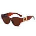 Retro oval cat eye sunglasses with amber frames and gold geometric temple details - All Tea Frame Brown Lens