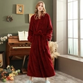 Thick dark red flannel bathrobe with honeycomb texture and belted waist for winter - Wine Red Women