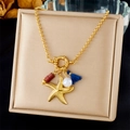 Detail of gold starfish pendant with pearl and blue tassel on beaded chain necklace - Starfish Pearl Tassel Combo Pendant (N3484)