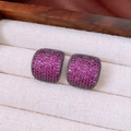 Macro shot of vintage rose red zircon square stud earrings in a luxury jewelry box - Arc / Silver Needle / Rose Red