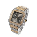 Detail of square iced-out watch with Roman numerals and blue gemstone crown - Two-Tone (Black Dial)